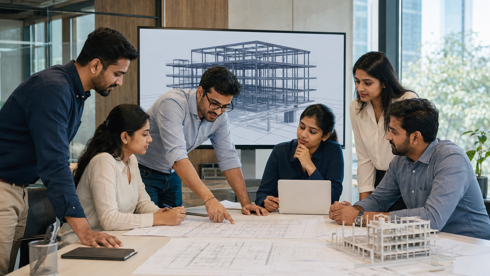 Indian engineers collaborating on structural design and software workflows