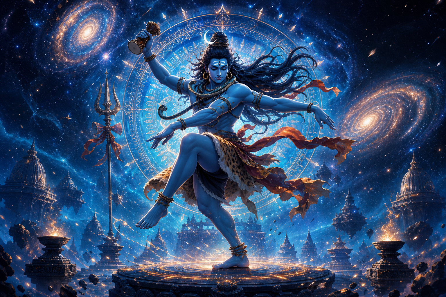 AI-created illustration of Lord Shiva performing the cosmic Tandava dance amid stars and universal energy